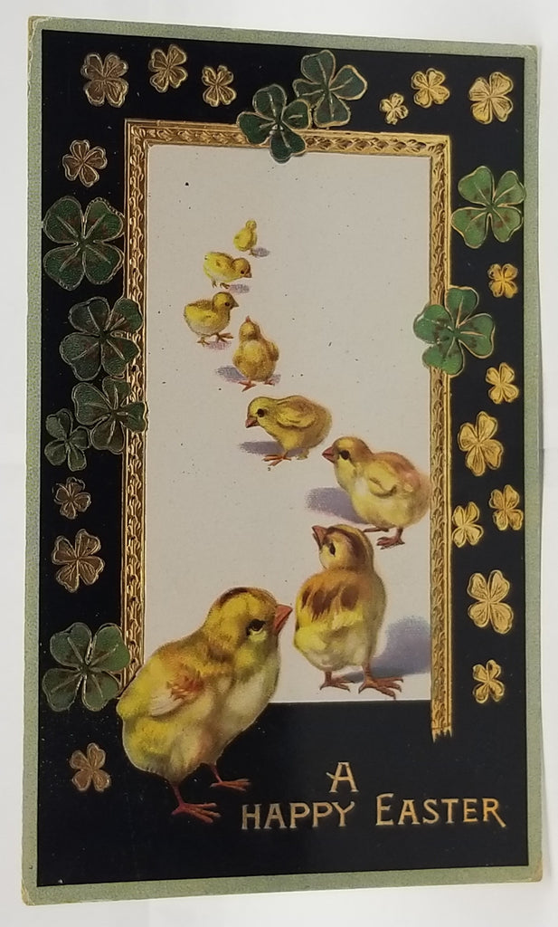 Antique Vintage Easter Postcard, Embossed with Gel Finish Gold Embellished Four Leaf Clovers with Line of Walking Baby Chicks