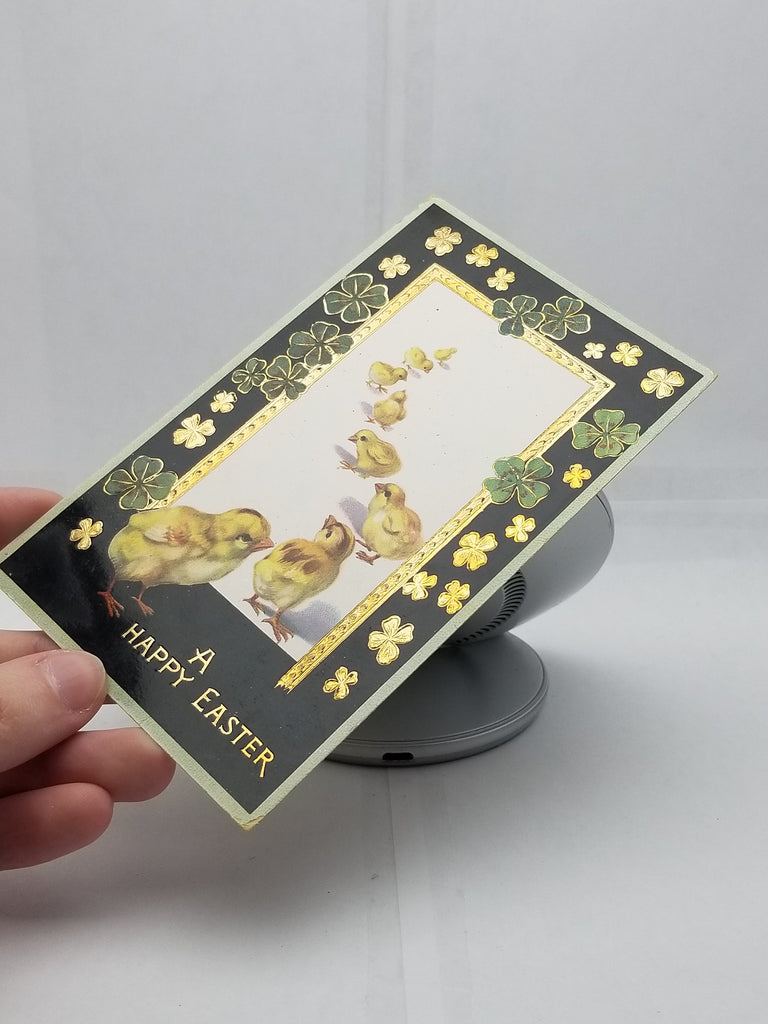 Antique Vintage Easter Postcard, Embossed with Gel Finish Gold Embellished Four Leaf Clovers with Line of Walking Baby Chicks