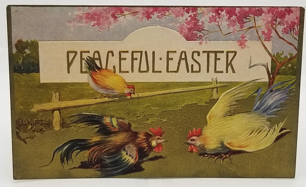 Easter Postcard Roosters & Hen Art Nouveau Style Flowering Pink Tree Artist Signed