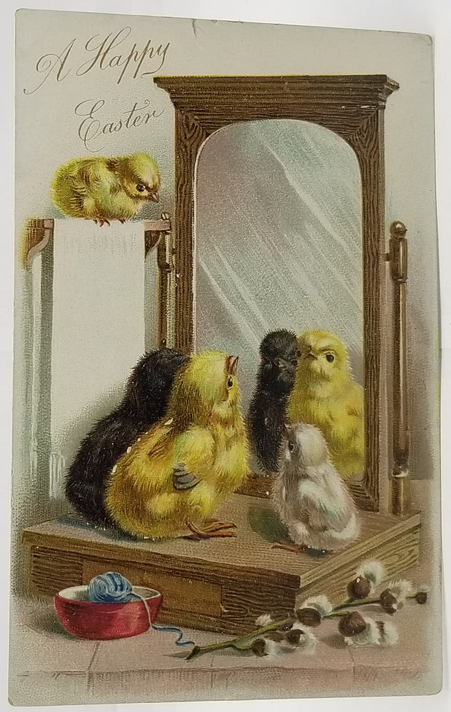 Easter Postcard Baby Chicks Looking in Mirror Raphael Tuck Pub