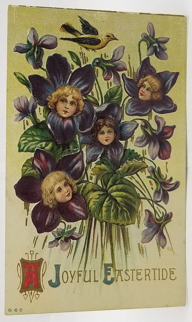 Easter Postcard Fantasy Card Children Faces in Purple Flowers Warbler Flying Above