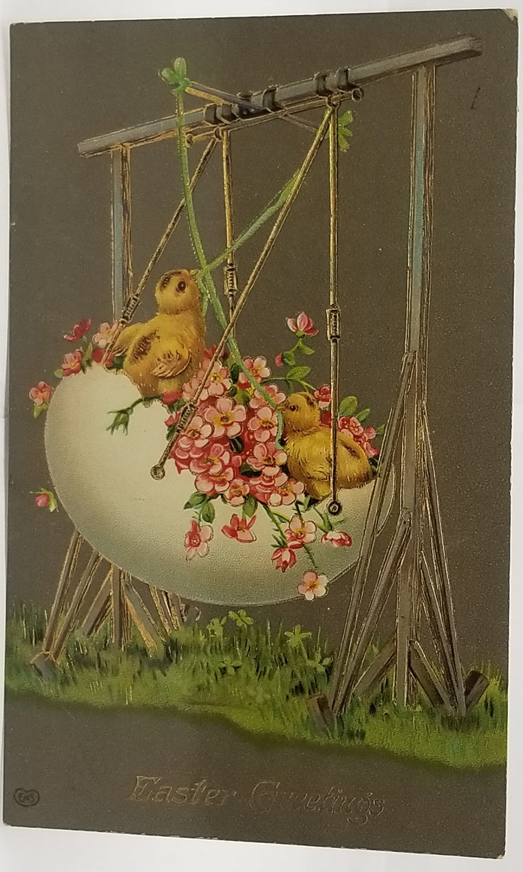 Easter Postcard Fantasy Card Baby Chicks in Egg Swing with Pink Flowers EAS Pub Gel Finish Gold Embossed