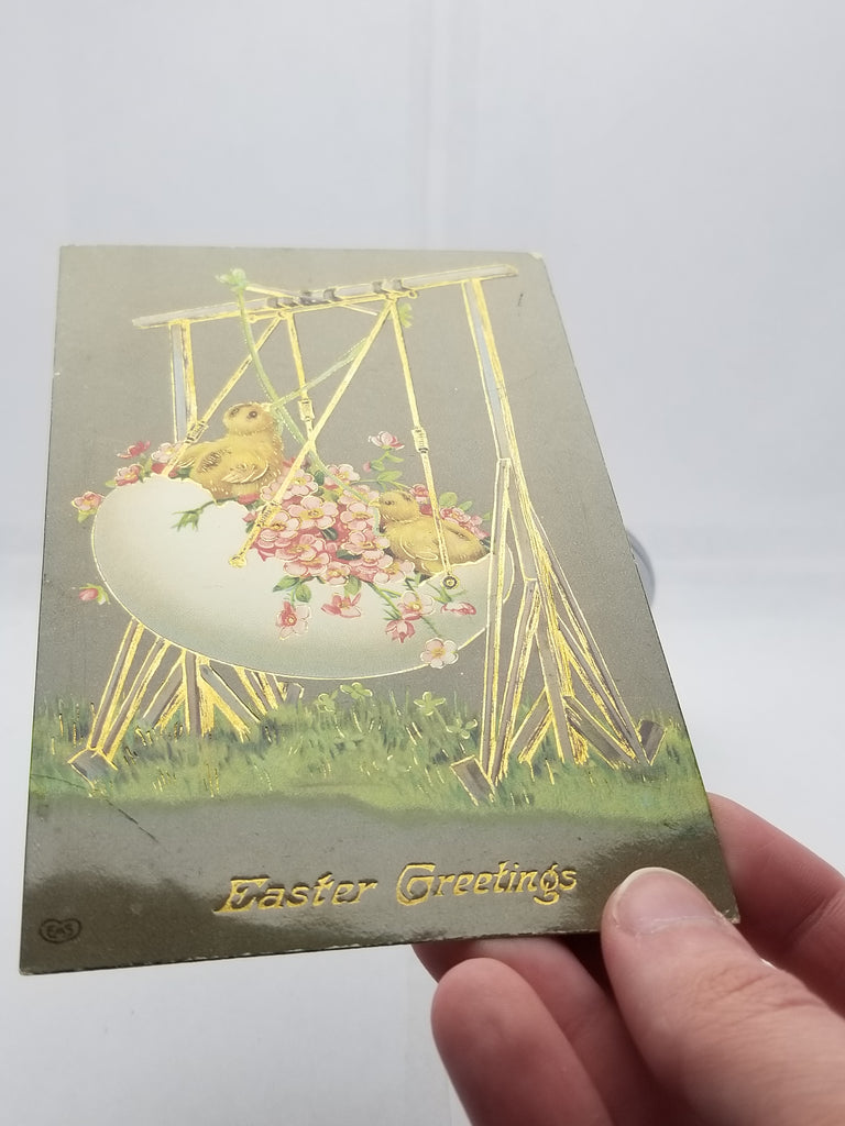 Easter Postcard Fantasy Card Baby Chicks in Egg Swing with Pink Flowers EAS Pub Gel Finish Gold Embossed