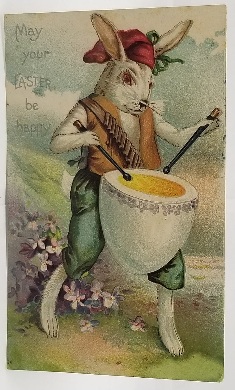 Easter Postcard Fantasy Card Anthropomorphic Bunny Rabbit Playing Drums on Egg Yolk IAP Early Undivided