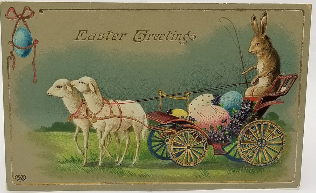 Easter Postcard Fantasy Card Bunny Rabbit Riding in Wagon Filled with Eggs Pulled by Baby Lambs EAS Pub Gel Finish Gold Embossed