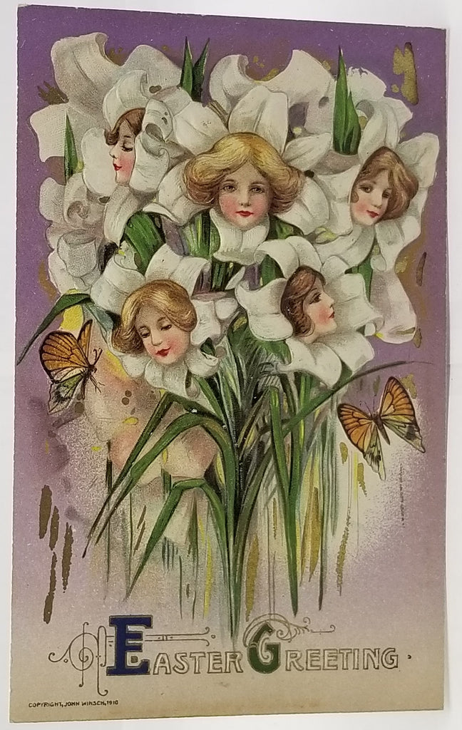 Easter Postcard Art Nouveau Fantasy Card Faces in Flowers Women in White Lilies with Monarch Butterflies John Winsch Pub