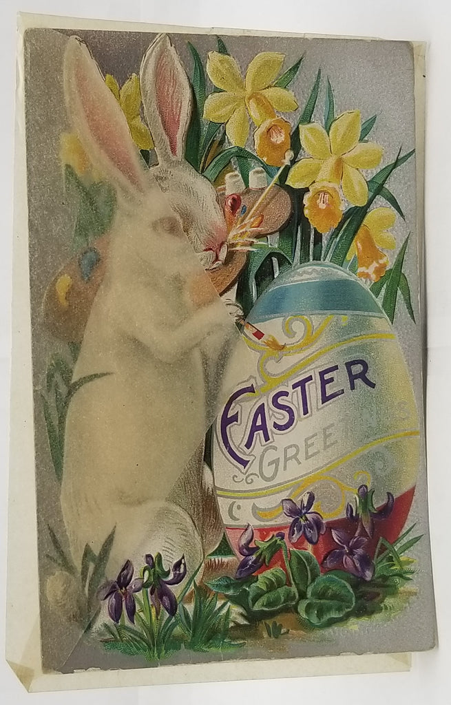 Easter Postcard Fantasy Card White Bunny Rabbit Painting Giant Egg Silver Background Original Wax Envelope