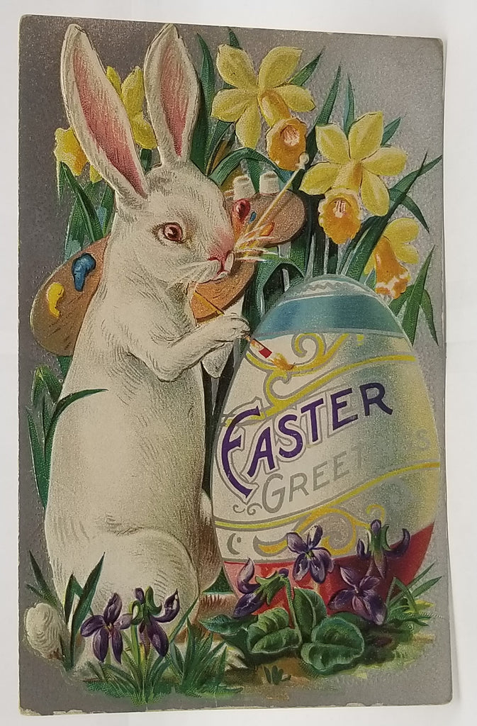 Easter Postcard Fantasy Card White Bunny Rabbit Painting Giant Egg Silver Background Original Wax Envelope