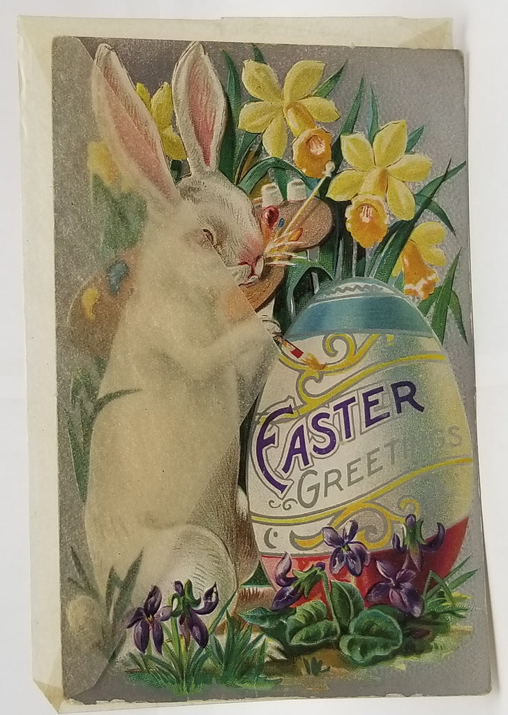 Easter Postcard Fantasy Card White Bunny Rabbit Painting Giant Egg Silver Background Original Wax Envelope