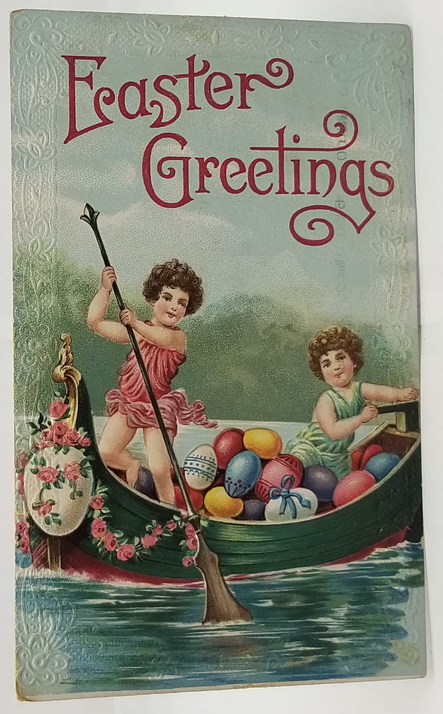 Easter Postcard Cherubs in Row Boat Carrying Painted Eggs with Embossed Edge No 228 Germany