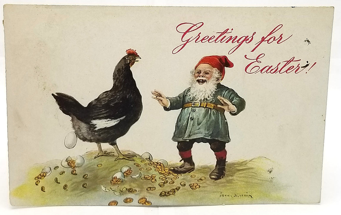 Easter Postcard Gnome with Chicken Laying Coined Filled Eggs Signed Jenny Nustrom