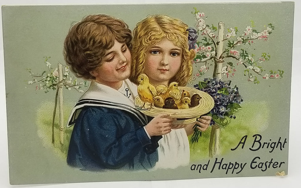 Easter Postcard Children Holding Hat with Baby Chicks Raphael Tuck Card Series 112