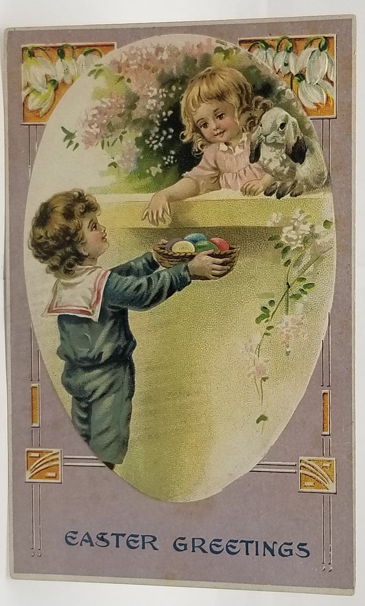 Easter Postcard Boy in Sailor Suit Handing Girl with Bunny Rabbit Painted Eggs Art Nouveau Style Border Design