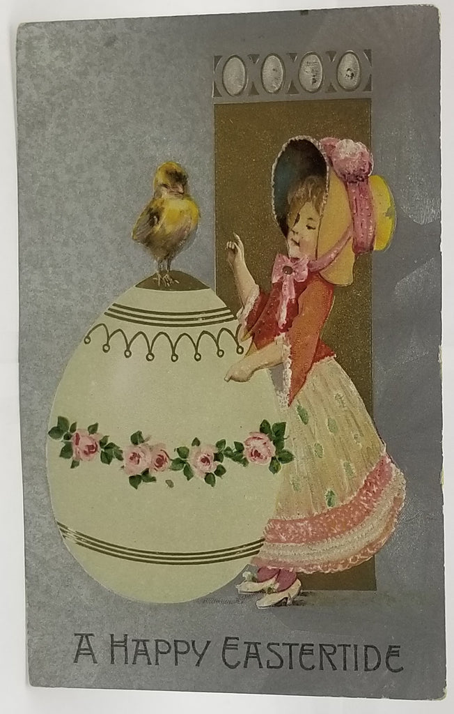 Antique Vintage German Easter Postcard, Embossed Card with Little Girl in Pink Dress Baby Chick Atop Giant Painted Egg Silver Background