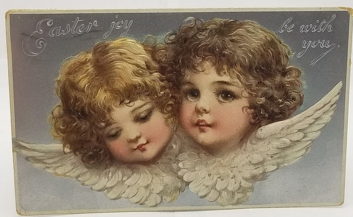 Easter Postcard Two Angel Cherubs with Wings Silver Background Embossed 1909