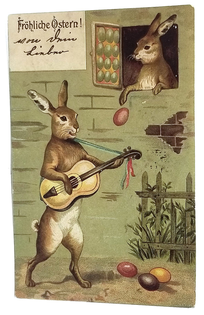 Easter Postcard Anthropomorphic Bunny Rabbit with Guitar Serenading Girl Bunny in Window German Card