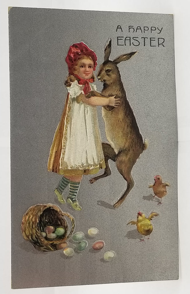 Antique Vintage German Easter Postcard, Embossed Card with Little Girl Dancing with Large Bunny Rabbit Baby Silver Background