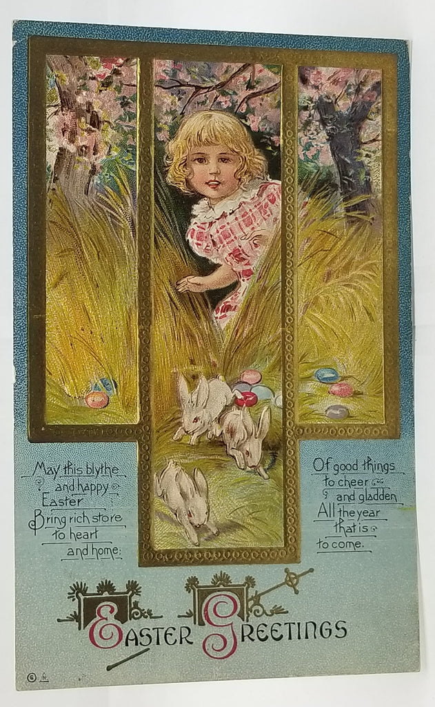 Antique Vintage Easter Postcard, Little Girl Playing in Grass with Bunny Rabbits Finding Painted Eggs Gold Highlights