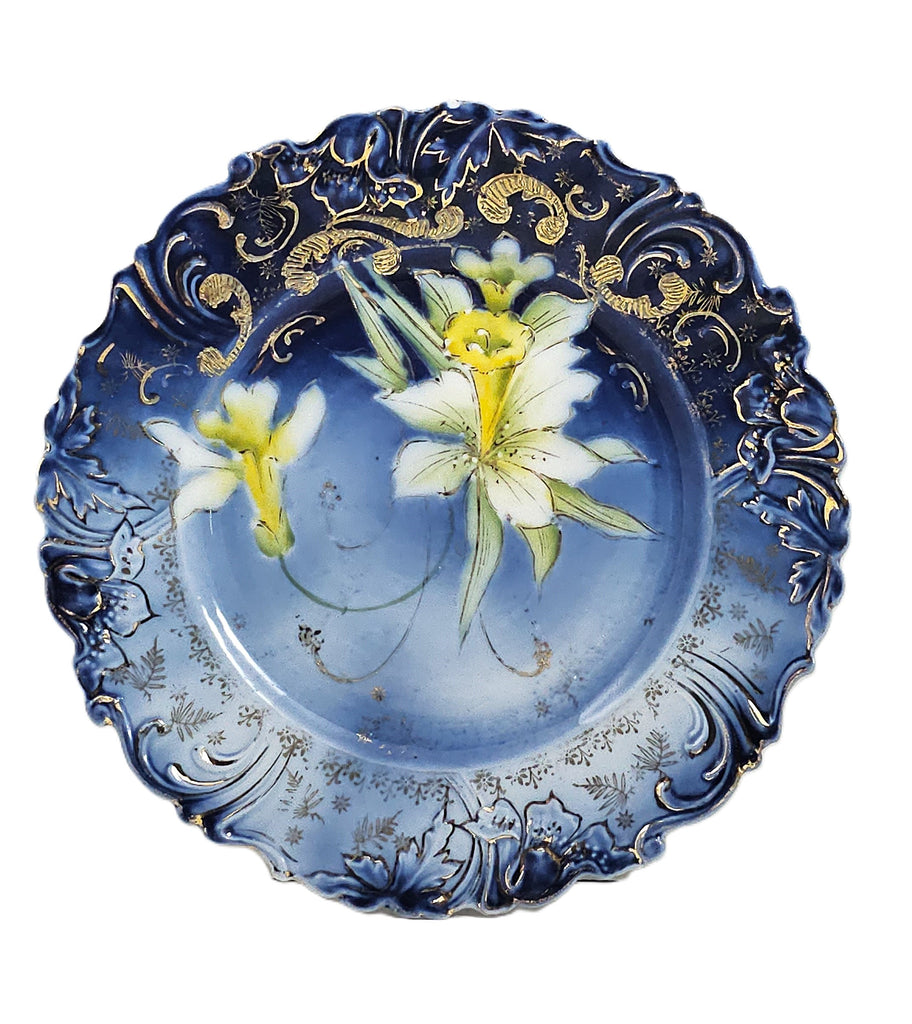 RS Prussia Cobalt Porcelain Plate Daffodils with Gold Stencil Saxe Altenburg