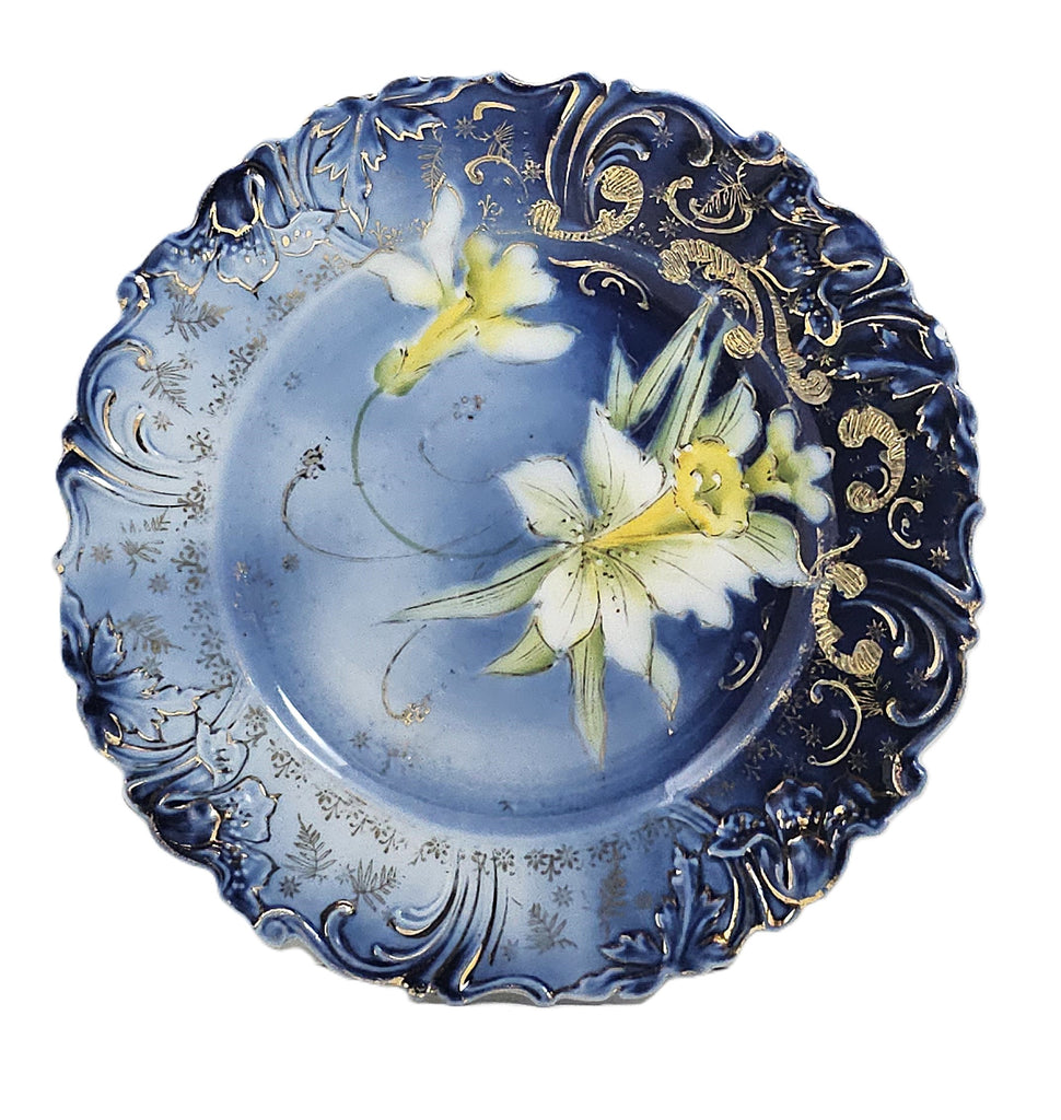 RS Prussia Cobalt Porcelain Plate Daffodils with Gold Stencil Saxe Altenburg