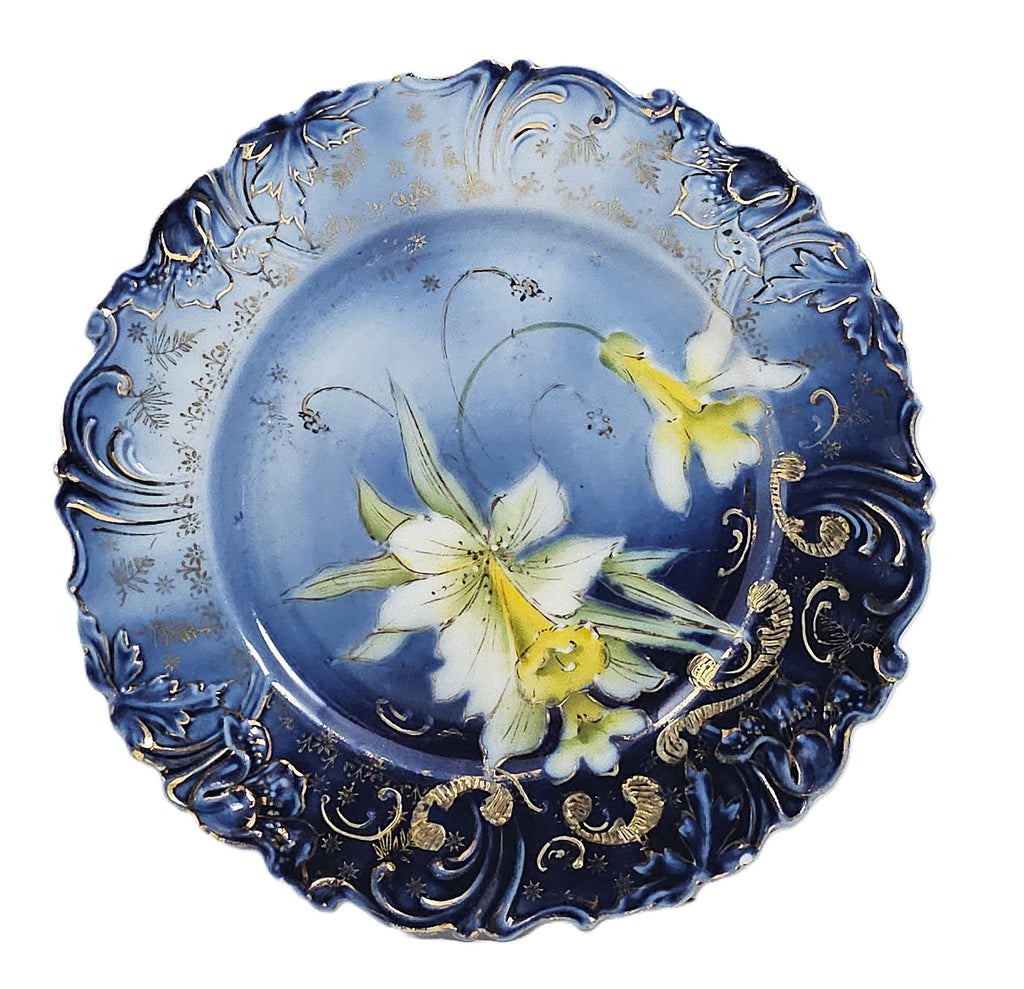 RS Prussia Cobalt Porcelain Plate Daffodils with Gold Stencil Saxe Altenburg