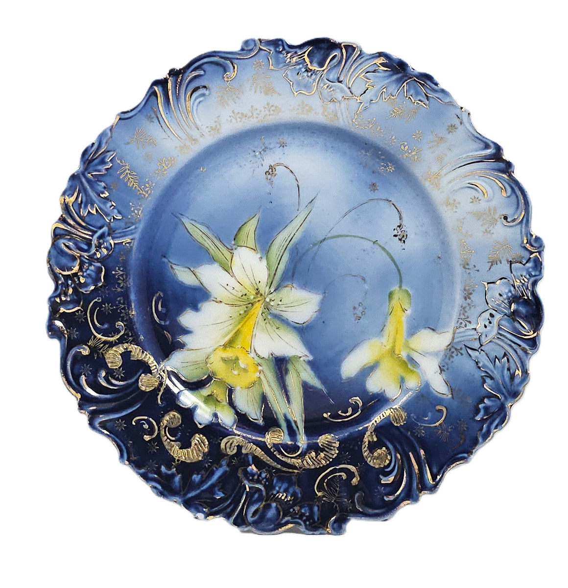 RS Prussia Cobalt Porcelain Plate Daffodils with Gold Stencil Saxe Altenburg