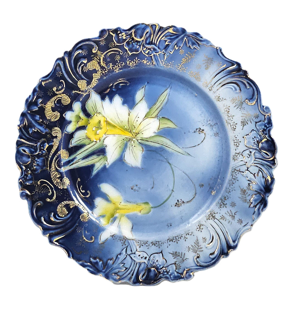 RS Prussia Cobalt Porcelain Plate Daffodils with Gold Stencil Saxe Altenburg