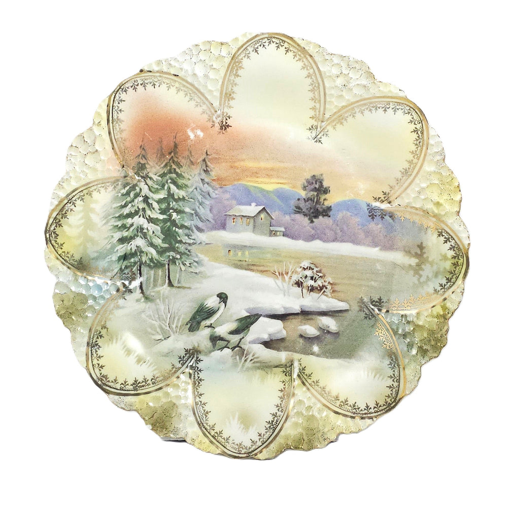 Rare RS Prussia Snowbirds Plate, Snow Birds Winter Scenic Prussia Plate, RS Prussia Mold 92 Popcorn with Birds