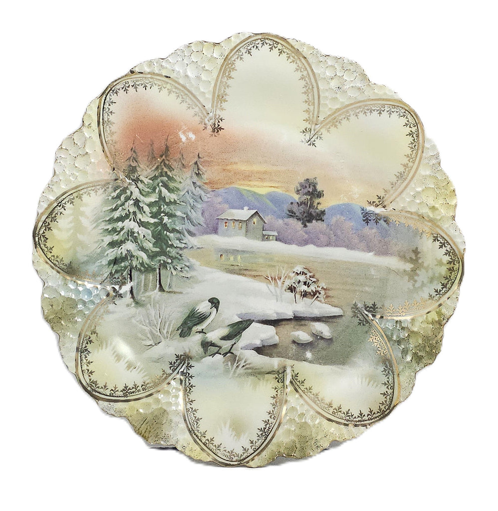 Rare RS Prussia Snowbirds Plate, Snow Birds Winter Scenic Prussia Plate, RS Prussia Mold 92 Popcorn with Birds