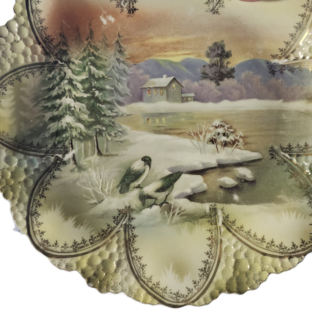 Rare RS Prussia Snowbirds Plate, Snow Birds Winter Scenic Prussia Plate, RS Prussia Mold 92 Popcorn with Birds