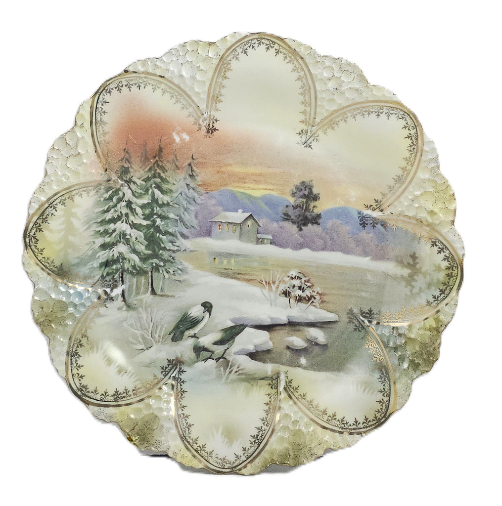 Rare RS Prussia Snowbirds Plate, Snow Birds Winter Scenic Prussia Plate, RS Prussia Mold 92 Popcorn with Birds