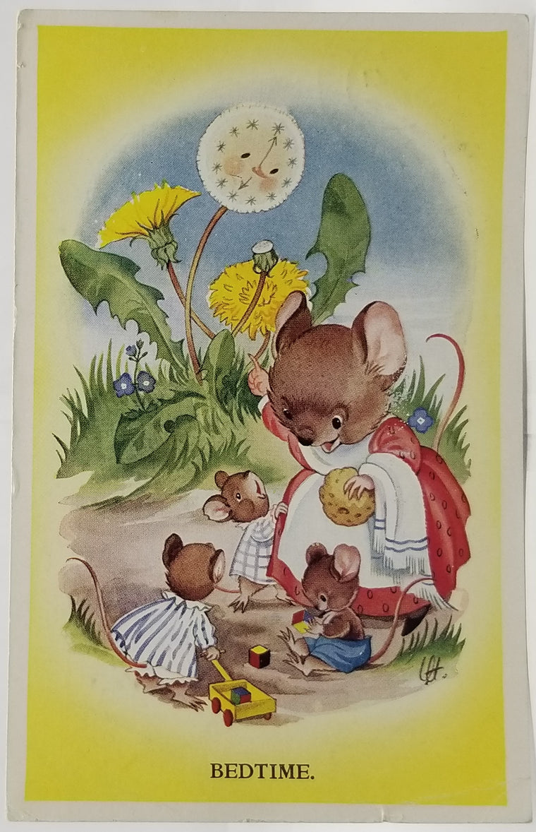 Artist Valerie Hodge Titled Bedtime Anthropomorphic Mother Mouse with Baby Mice Playing Under Dandelion