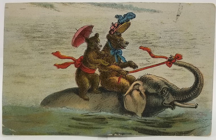 Anthropomorphic Bears Riding Elephant Through Water 1915 Fantasy Card