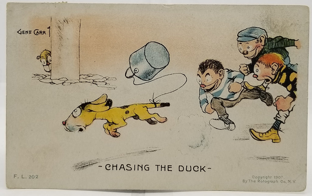 Artist Gene Carr Postcard Chasing the Duck Children & Dog Running