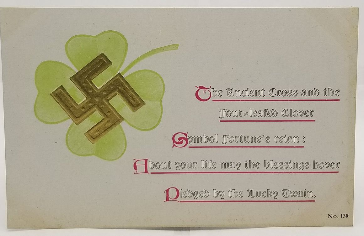 St. Patrick's Day Postcard Ancient English Cross for Good Luck the Golden Swastika Emblem Over Four Leaf Clover