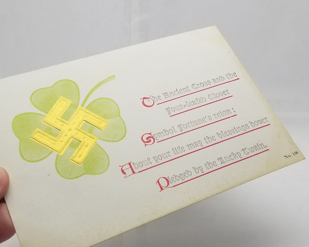 St. Patrick's Day Postcard Ancient English Cross for Good Luck the Golden Swastika Emblem Over Four Leaf Clover
