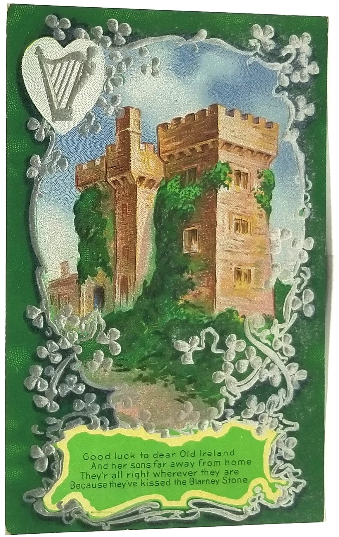 St Patrick's Day Postcard The Blarney Stone at Blarney's Castle Ireland Silver Highlights