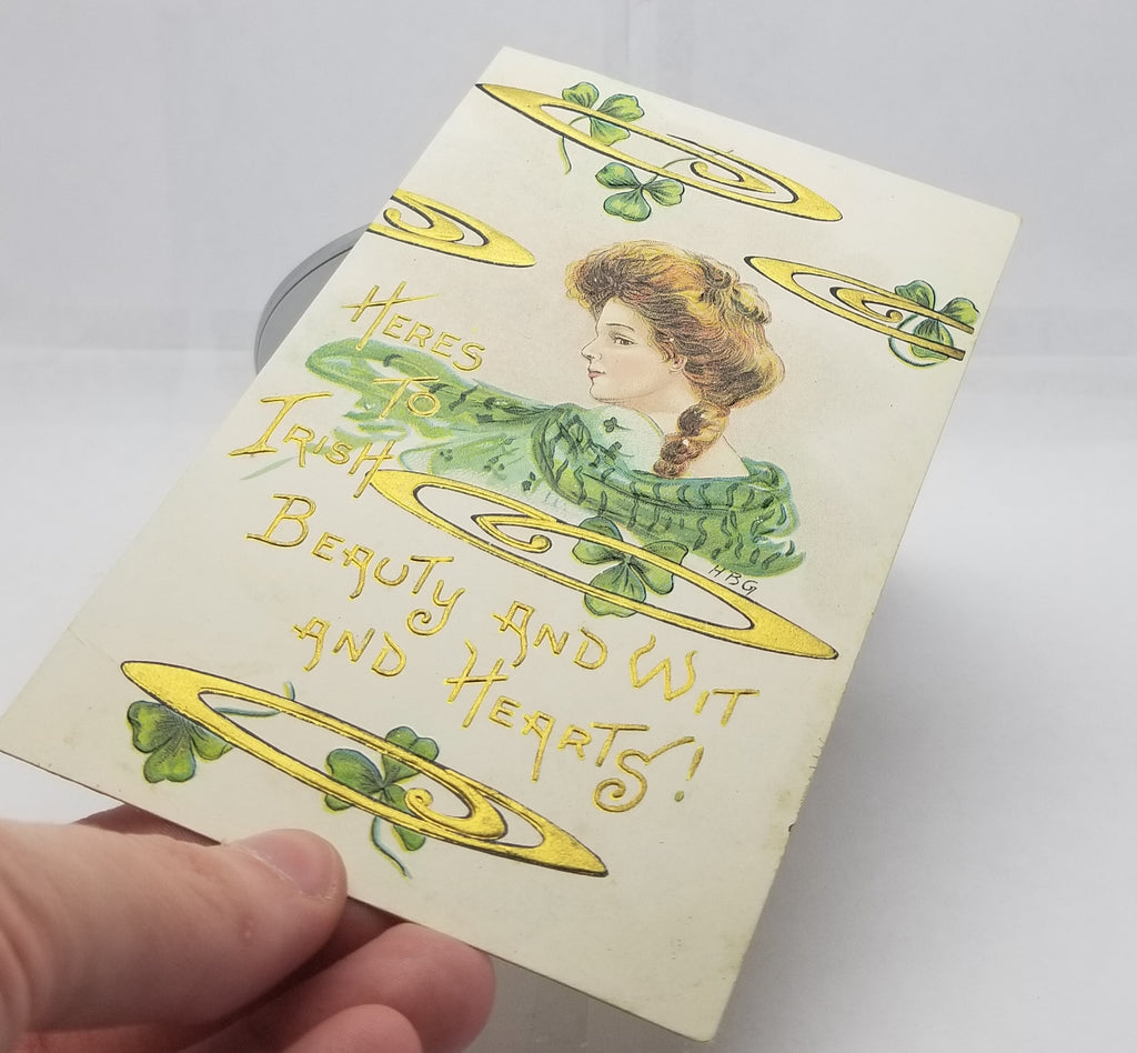 St Patrick's Day Postcard Irish Beauty in Green Gold Embossed Artist Signed HBG Griggs