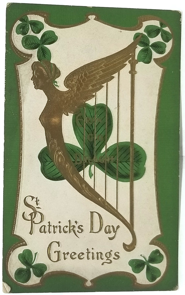 Saint Patrick's Day Postcard, Irish Holiday Card, St Patrick Theme with Embossed Gold Woman as Harp with Shamrocks & Border