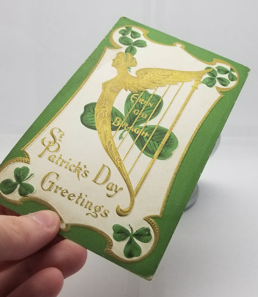 Saint Patrick's Day Postcard, Irish Holiday Card, St Patrick Theme with Embossed Gold Woman as Harp with Shamrocks & Border