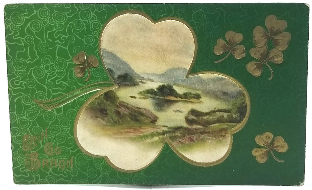 Saint Patrick's Day Postcard, Irish Theme Holiday Card, St Patrick Gold Embossed Shamrock with Landscape Winsch Publishing