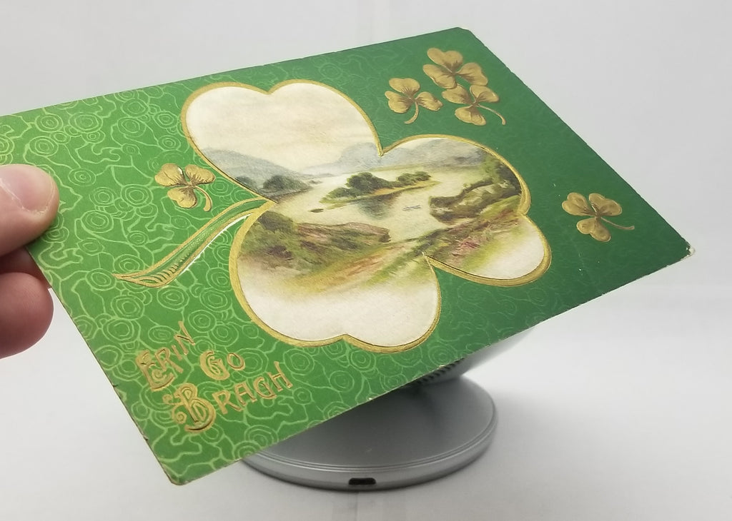 Saint Patrick's Day Postcard, Irish Theme Holiday Card, St Patrick Gold Embossed Shamrock with Landscape Winsch Publishing