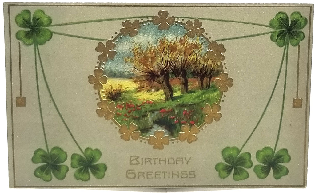 Saint Patrick's Day Birthday Postcard, Irish Theme Holiday Card, Gold Embossed Shamrocks with Landscape