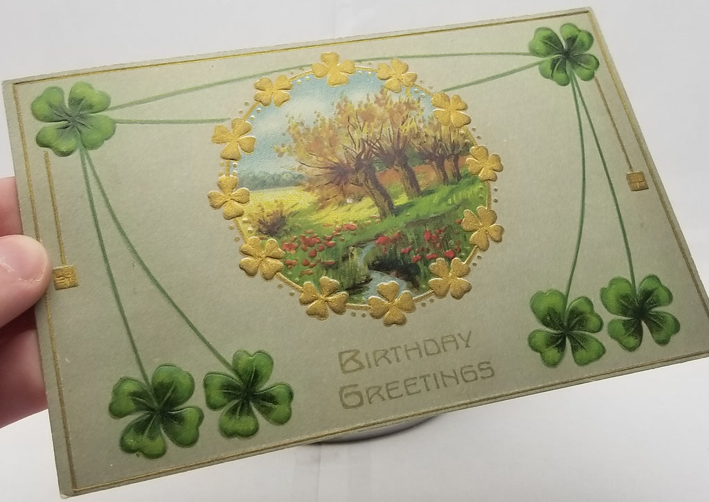 Saint Patrick's Day Birthday Postcard, Irish Theme Holiday Card, Gold Embossed Shamrocks with Landscape