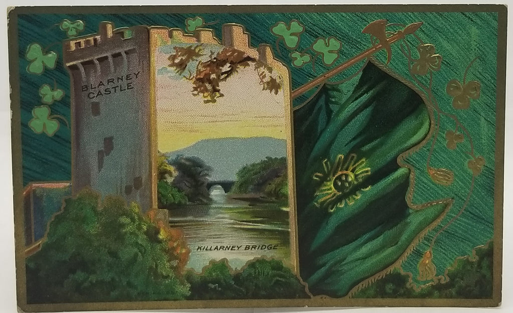 Saint Patrick's Day Postcard, Irish Theme Holiday Card, St Patrick Gold Embossed Blarney Castle & Killarney Bridge