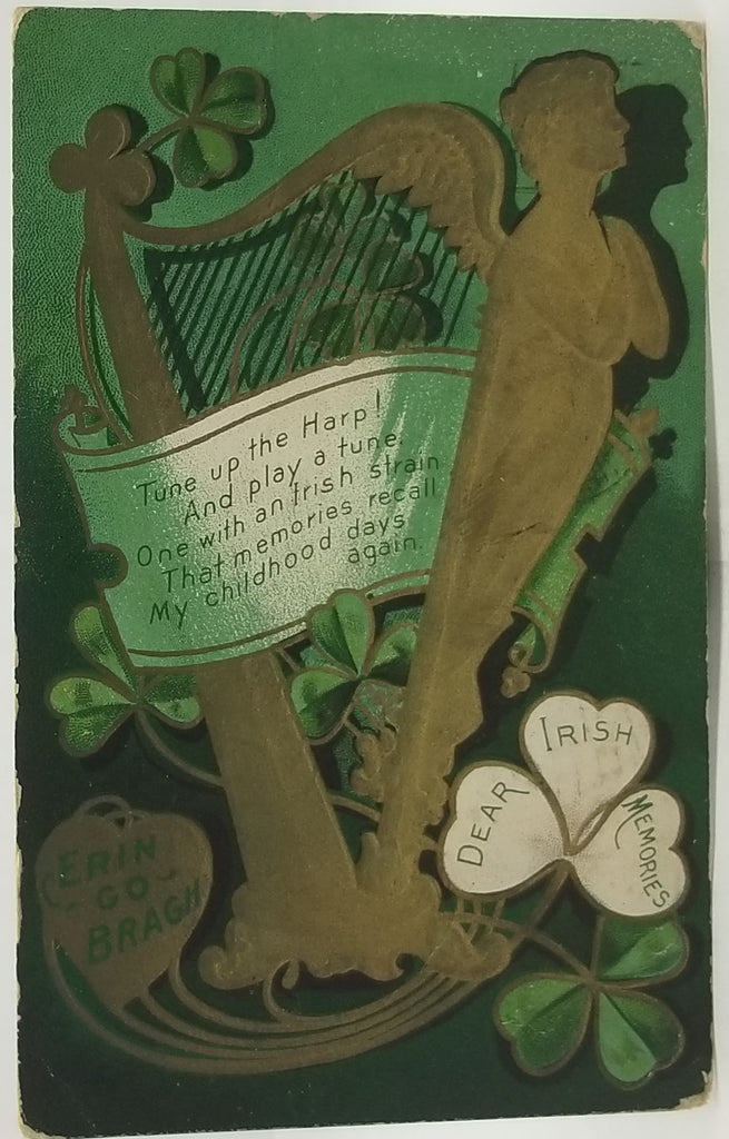 Saint Patrick's Day Postcard, Irish Theme Holiday Card, St Patrick Gold Embossed Erin Go Braugh Harp & Shamrocks