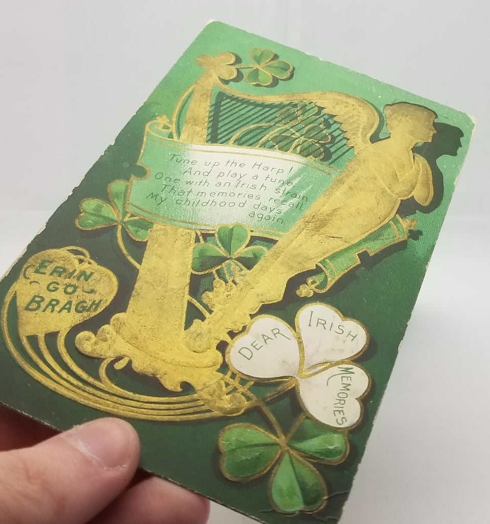 Saint Patrick's Day Postcard, Irish Theme Holiday Card, St Patrick Gold Embossed Erin Go Braugh Harp & Shamrocks