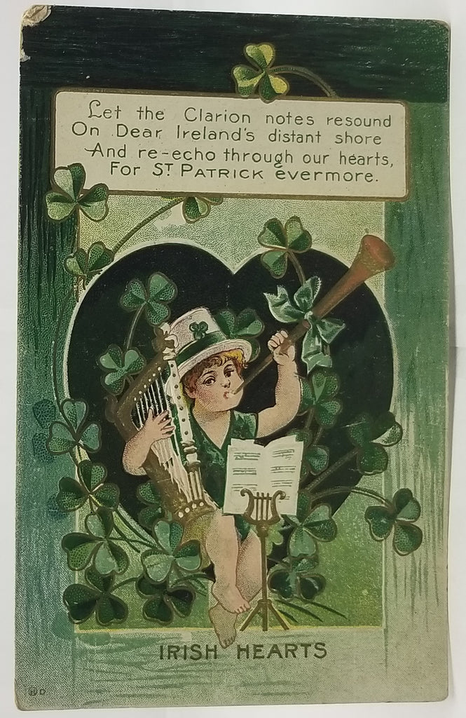 Saint Patrick's Day Postcard, Irish Themed Card, St Patrick Shamrocks and Cherub with Horn & Hearts