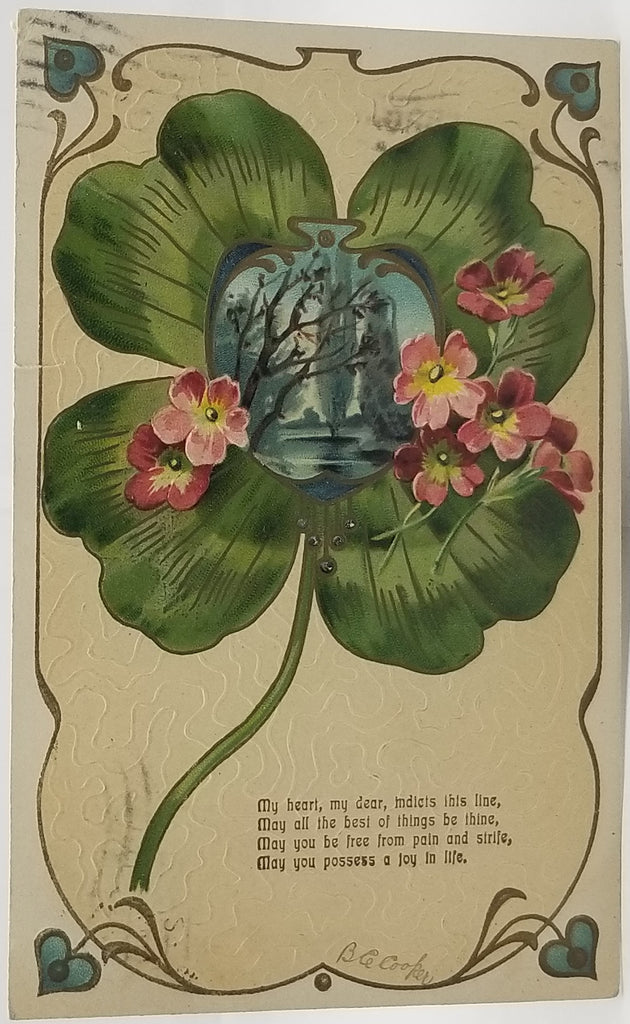 Greetings Postcard Art Nouveau Themed Flowers with Green Background Rhyme and Poem