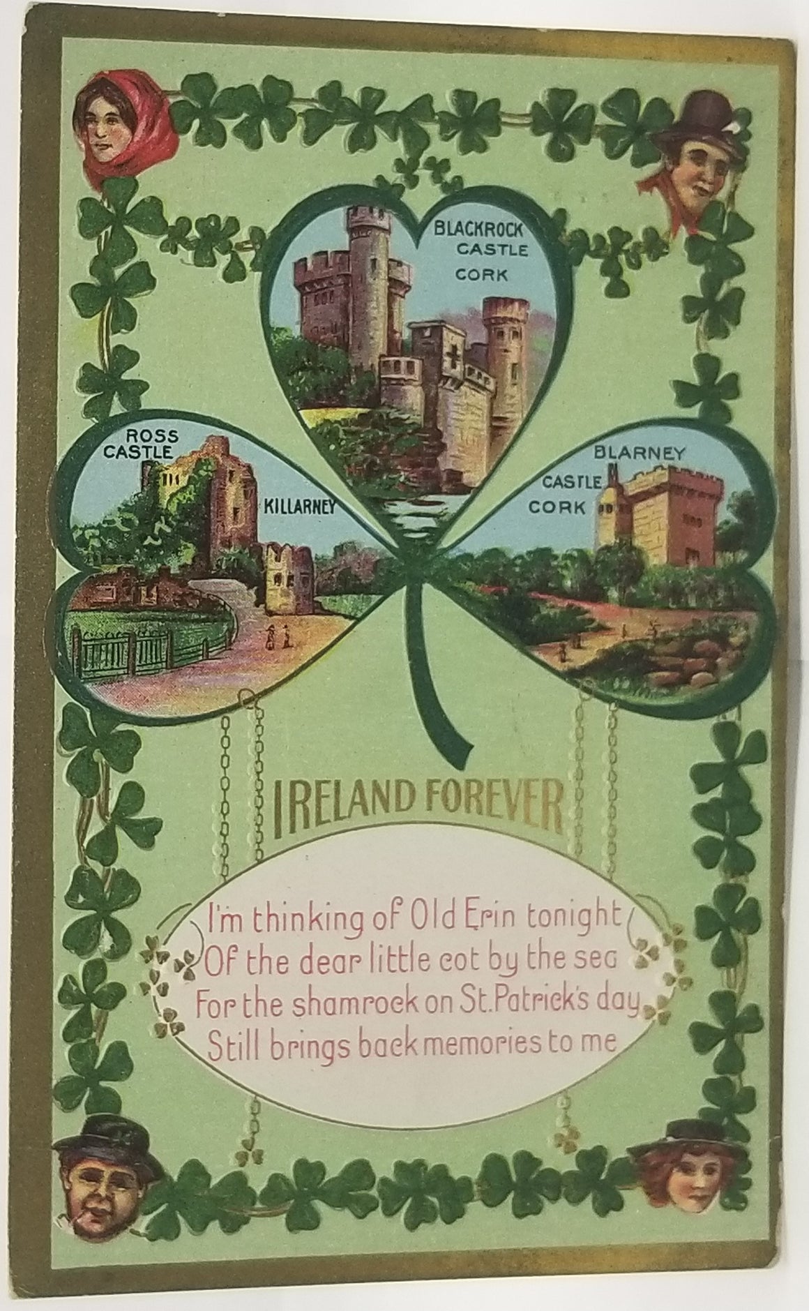 Saint Patrick's Day Postcard, Irish Themed Card, St Patrick Ireland Forever Shamrock with Castle